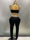 Luxury Sparkle Diamonds Sexy Crop Top Velour Pant Two Pieces Set Women Celebrate Birthday Party Nightclub Stage Costume