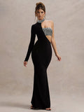 Stylish Black Asymmetric Long Sleeve Maxi Dress with Sparkling Detail Mermaid Gown for Red Carpet Events