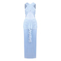Sleek Light Blue Sleeveless Dress with Fringe Ruched Waist And Mesh Detail Soft Summer Vacation Gown for Women Blue