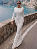 Solid Ruched Long Flare Sleeves Maxi Dress Elegant White Tie Waist High Neck Pleated Draped Backless Party Evening Dress