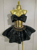 Women Silver Sequins Rhinestone Sexy Backless Two Piece Set Birthday Party Club Fancy Outfit Stage Performance Costume black