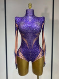 Luxury Rhinestone Elastic Long Sleeved Bodysuit Club Singer Dancer Stage Performa Costume Evening Party Outfit PURPLE