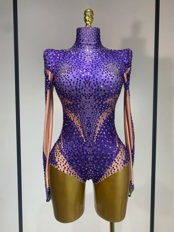 Luxury Rhinestone Elastic Long Sleeved Bodysuit Club Singer Dancer Stage Performa Costume Evening Party Outfit PURPLE