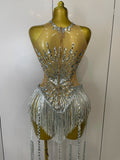 Sliver Sequins Shining Diamonds Sexy Mesh Long Tassel Bodysuit Women Nightclub Party Birthday Stage Performance Costume