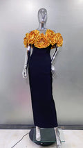Stereoscopic Gloden Flowers Sexy Off The Shoulder Ankle Lenght Bandage Dress Woman Birthday Party Vestido Wedding Party Outfit Golden Flower