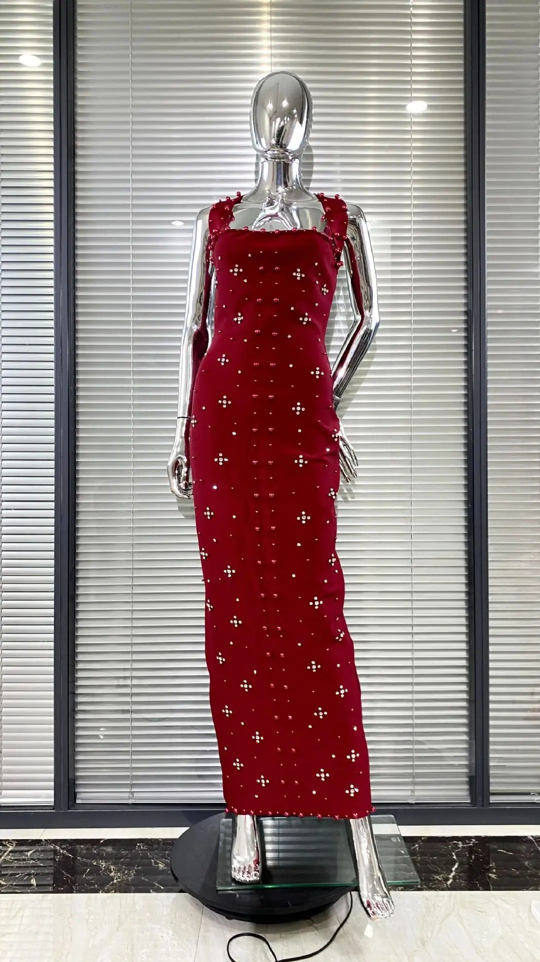 Women Sexy Halter Off the Shoulder Beading Rhinestones Bodycon Long Bandage Dress Evening Party Cocktail Vestido Burgundy