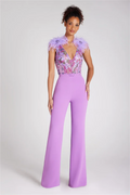 Gorgeous Feathers Shining Sequins Sexy V-Neck Sleeveless Violet Jumpsuit Graceful Woman Evening Party Outfit