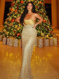 Strapless Luxurious Gold Pearls Details Women's Long Dress Beaded Elegant Slim Bodycon Evening Party Birthday Dress Vestidos
