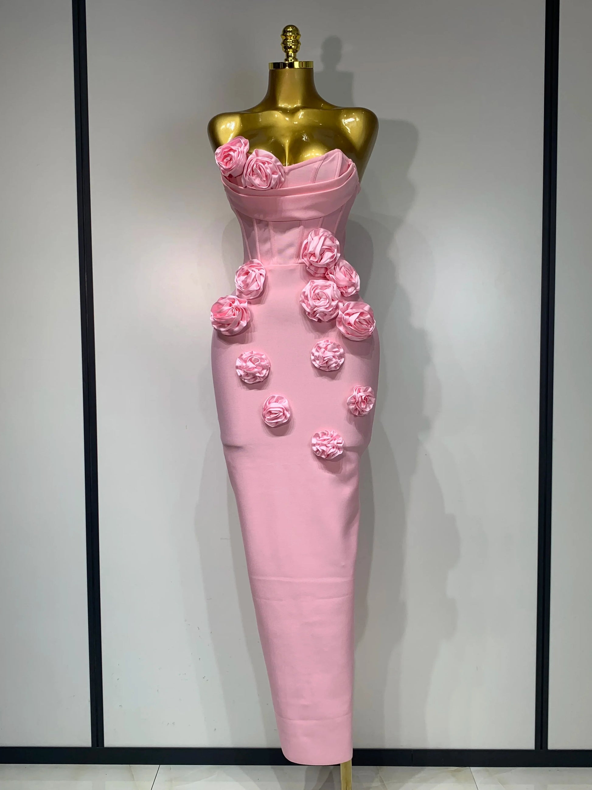 Newest Women Sexy Strapless Backless Red Flower Midi Bandage Dress Celebirty Elegant Evening Club Party Birthday Dresses Pink