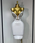 Women Sexy Spaghetti Strap V Neck Crystal Sleeveless Bandage Dress White Elegant Evening Party Cocktail Luxury Birthday Gowns