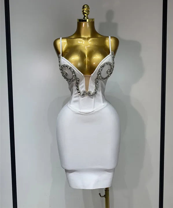 Women Sexy Spaghetti Strap V Neck Crystal Sleeveless Bandage Dress White Elegant Evening Party Cocktail Luxury Birthday Gowns