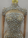 Sparkly Silver Big Rhinestone Sexy Transparent Long Dress Women Evening Birthday Party Celebrate Club Dancer Stage Costume