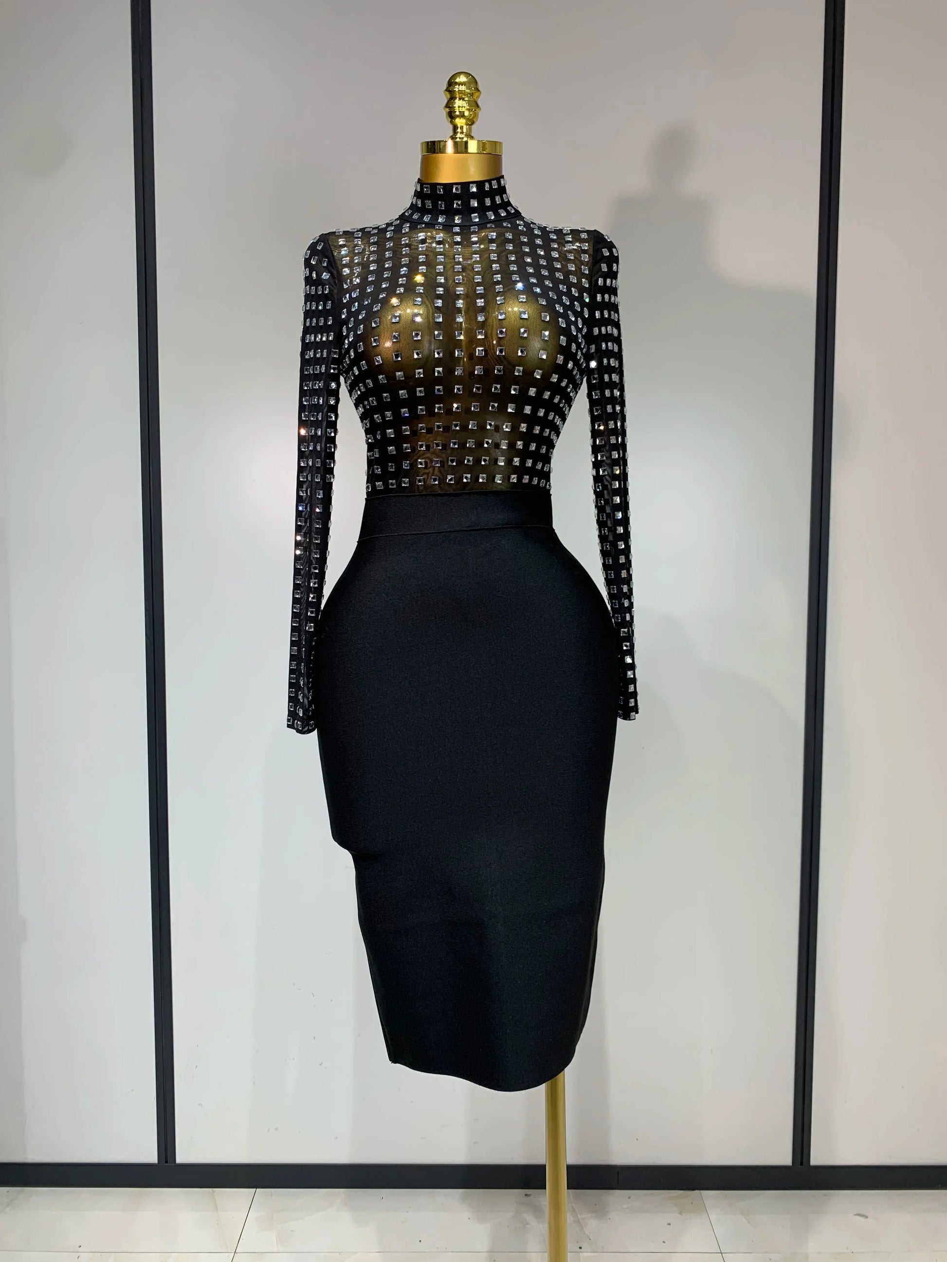 Celebrity Sexy Turtleneck Rhinestones Black Mesh Bodycon Bandage Dress Women Elegant Evening Club Luxury Birthday Dress black