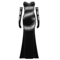 Glimmer Mermaid Prom Dresses Strapless Backless Mesh Patchwork Rhinestones Velvet Maxi Party Evening Dress With Gloves black