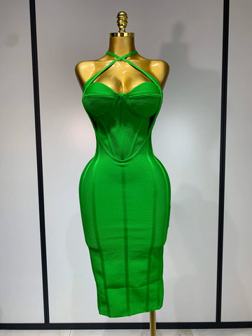 Women Sexy Sleeveless Backless Green Midi Bodycon Bandage Dress Celebrity Elegant Evening Club Party Luxury Birthday Dress green