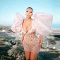 Pink Mini Evening Dresses with Puff Sleeves Deep V Neck Crystals Beaded Formal Party Gown Aso Ebi Dress