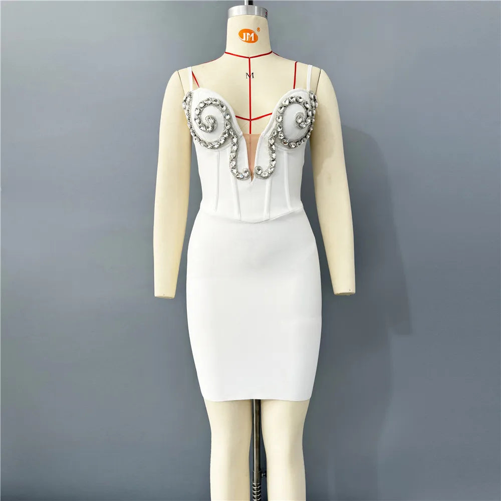 Luxurious White Strappy Sleeveless Dress with Crystal Details for Galas Evening Wedding Gown WHITE