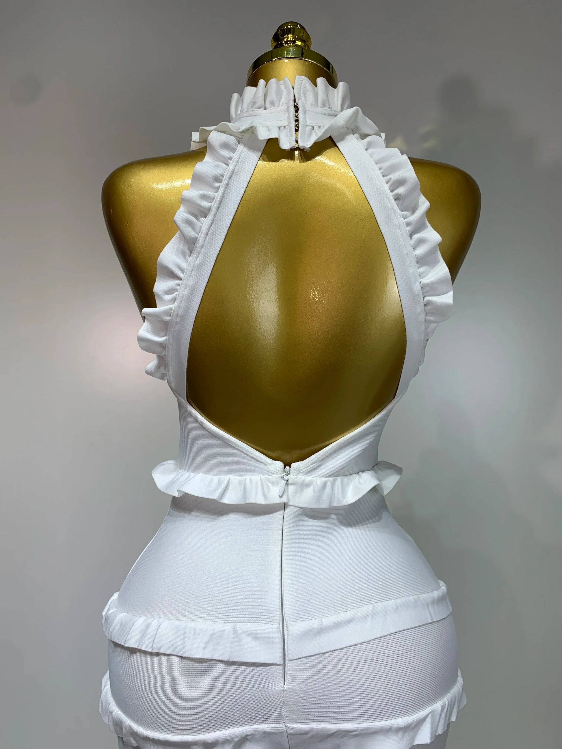 White Elagant Retro Ruched High Collar Bodycon Bandage Dress Evening Party Fashion Simple Birthday Gown