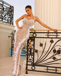 Gorgeous Feathers Beading Spaghetti Strap Bodycon Long Dress Woman Evening Dress Celebrity Birthday Party Outfit WHITE