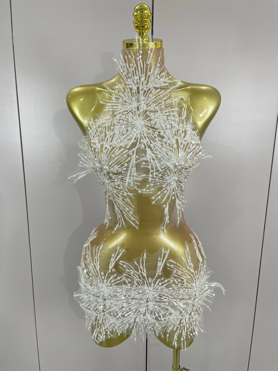 Women Sexy Mesh See Through Pearl Lace Party Mini Dress Celebrate Birthday Photo Shoot Wear Performance Stage Costume WHITE
