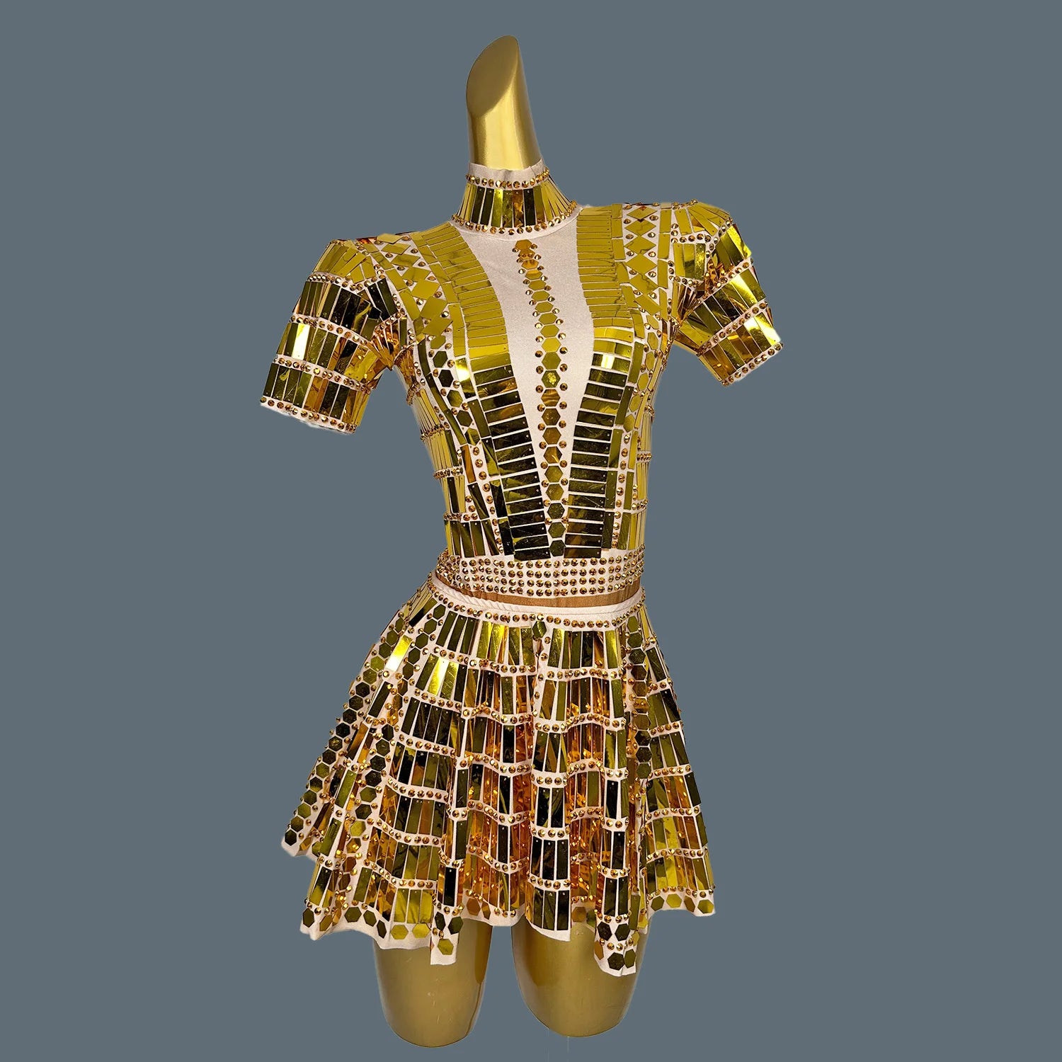 Mirrors Sequins Party Mini Spandex Mini Dress for Women Club Stage Dance Wear Party Celebrate Dress Dancer Show Lianghuanghuang Gold