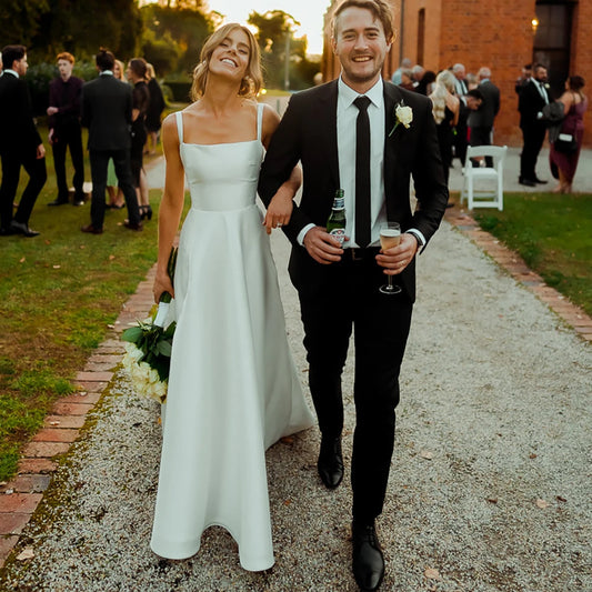 Vestido de novia blanco largo clásico, corte en A, cuello cuadrado, tirantes finos, plisado Formal, Vintage, sin espalda, trajes de novia de alto limo