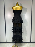 Women Sexy Strapless Ruffles Long Dress Black Backless Mesh See Through Design Dresses Evening Party Cocktail Birthday Dress