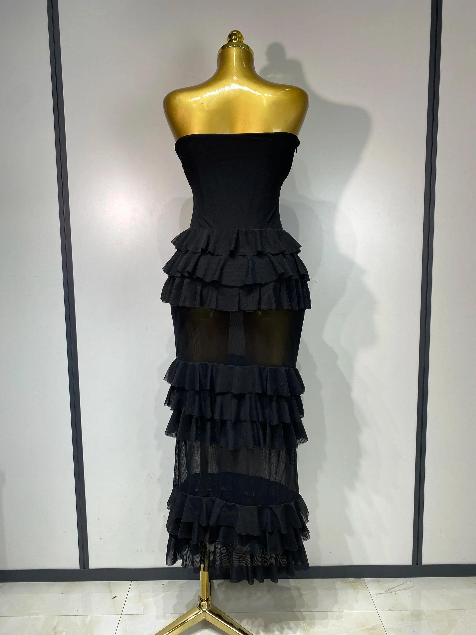 Women Sexy Strapless Ruffles Long Dress Black Backless Mesh See Through Design Dresses Evening Party Cocktail Birthday Dress
