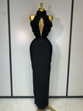 Luxury Birthday Dress Women Celebrity Sexy Halter Backless Flower Long Bandage Bodycon Dress Elegant Evening Party Outfit ﻿ black