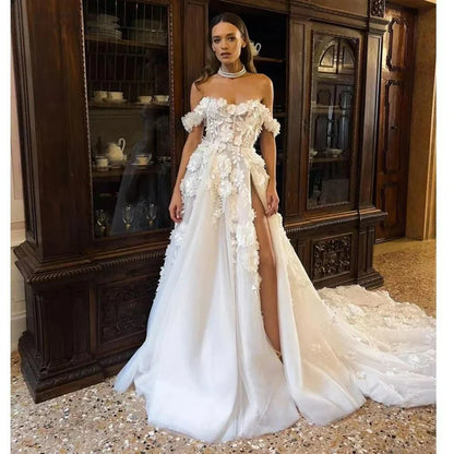 Sweetheart A-line Wedding Dress Tulle Appliques Flowers High Slit Bridal Gowns Fashion Amanda Novias Vestido De Novia