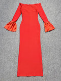 Sexy Women's Bandage Long Dress with One Collar Shoulder and Horn Sleeve Bodycon Dress Cocktail Evening Party Vestidos Red
