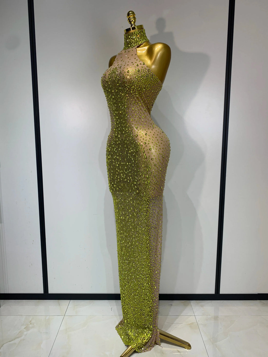 Women Luxury Birthday Celebrate Dress Dancer Party Show Stage Outfit Sparkly Rhinestone Elastic Mesh See Through Long Dress Gold