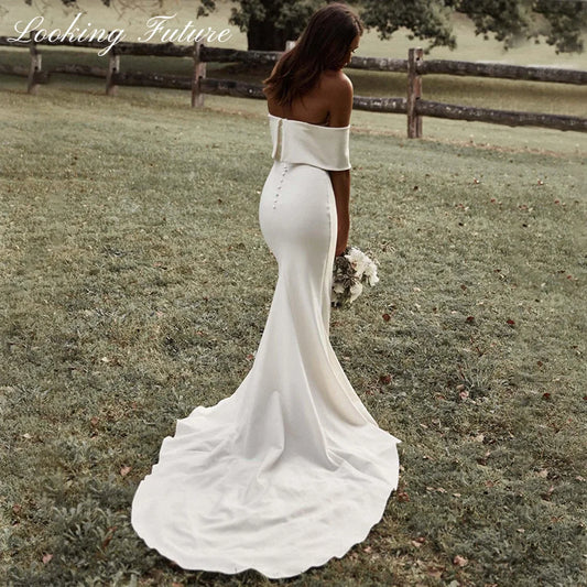 Pakaian Perkahwinan Bahu Putih Untuk Wanita Pengantin Duyung Simple Boho Pleat Bridal Gowns Court Train Vestidos de Novia