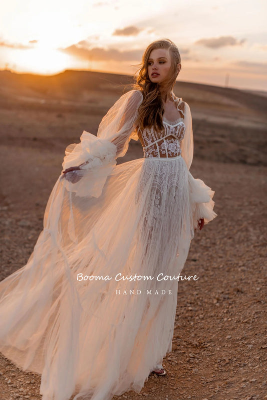 A Line Tulle Beach Wedding Dresses Long Sleeves Lace Illusion Bridal Gowns  Sweetheart Princess Bride Dresses for Women