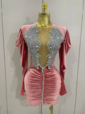 Luxury Sparkly Crystals Sexy Mesh White Velvet Short Dress Women Elegant Evening Prom Birthday Party Dresses Stage Costume Pink