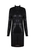 Autumn Half High Collar Leather Patchwork Mesh Black Mini Dress Fashion Woman Evening Dress Nightclub Party Outfit