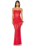 Sultry Red Sheer Mesh Strapless Backless Sleeveless Mermaid Dress Gown with Ruched Detail for Party