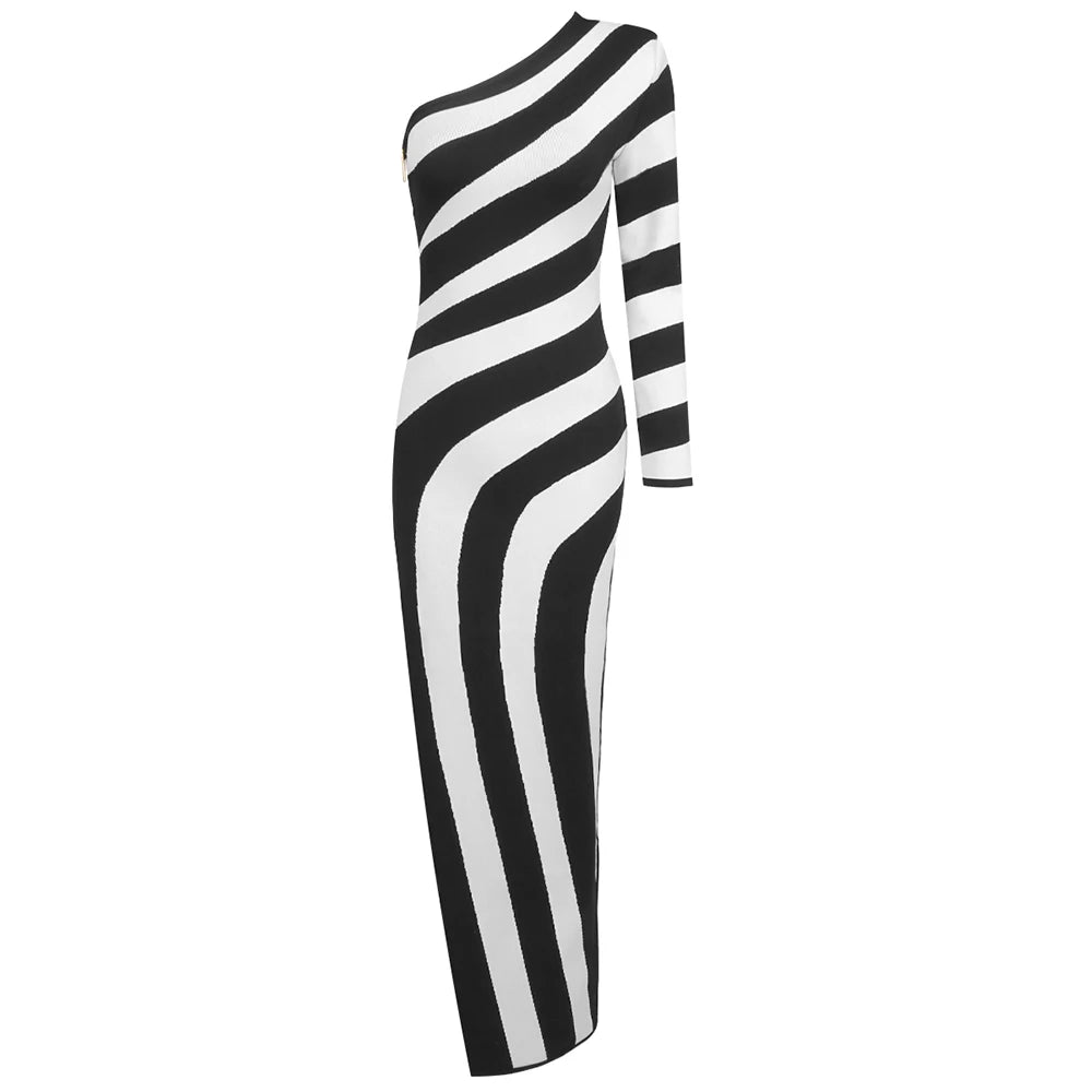 Women Sexy One Shoulder Striped High Split Jacquard Maxi Bodycon Bandage Long Dress Celebrity Evening Party Gown black