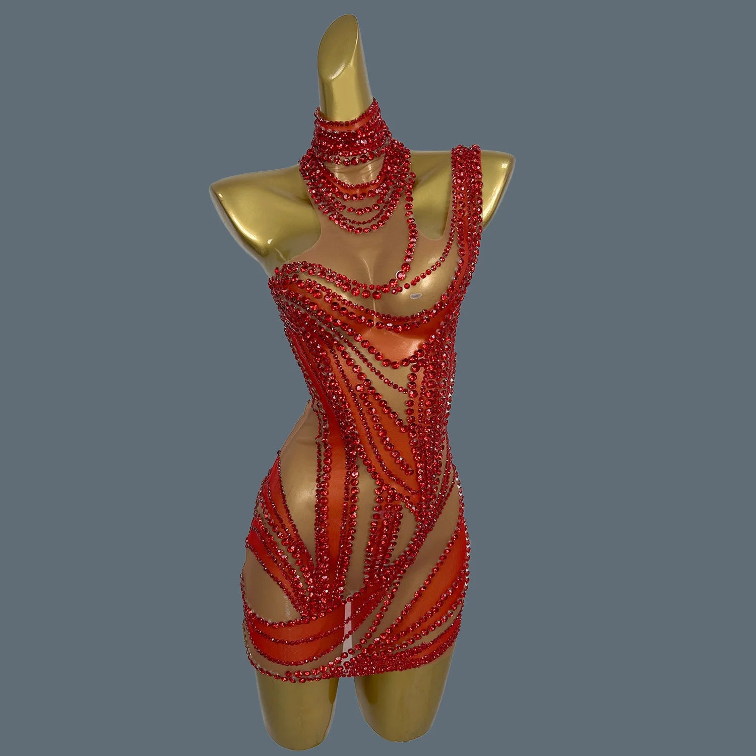 Sexy Women See Through Mesh Short Dress Sparkly Rhinestone Evening Prom Celebrate Birthday Dress Party Photography Wear Liuzhuan Red One Size