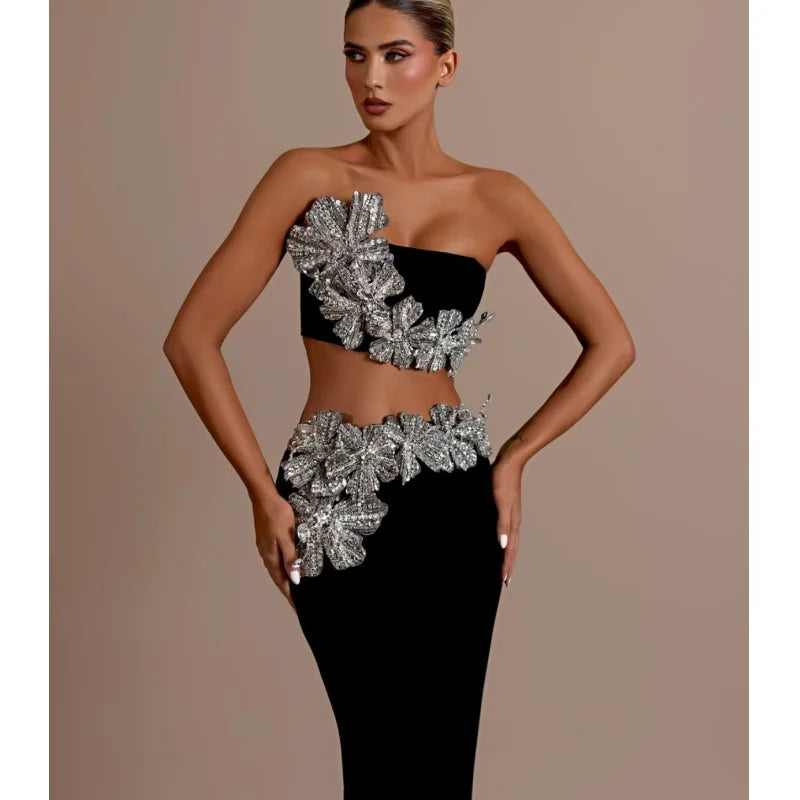 Luxury Dazzling Diamond Flowers Short Strapless Top And Ankle Length Skirt 2 Pieces Woman Set Celebrity Party Vestido