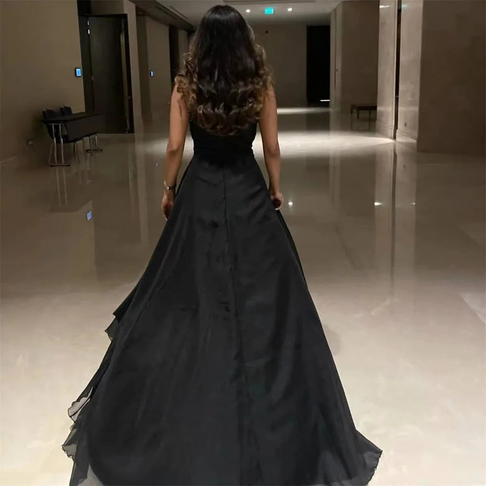 Black Strapless A-line Vestidos De Noche Sexy Side Split Prom Gown Silk Chiffon Prom Dress Sleeveless فساتين السهرة