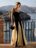 Color Block Spaghetti Straps Long Dress For Women Backless A-Line Maxi Celebrity Cocktail Party Evening Gowns Casual Vestidos