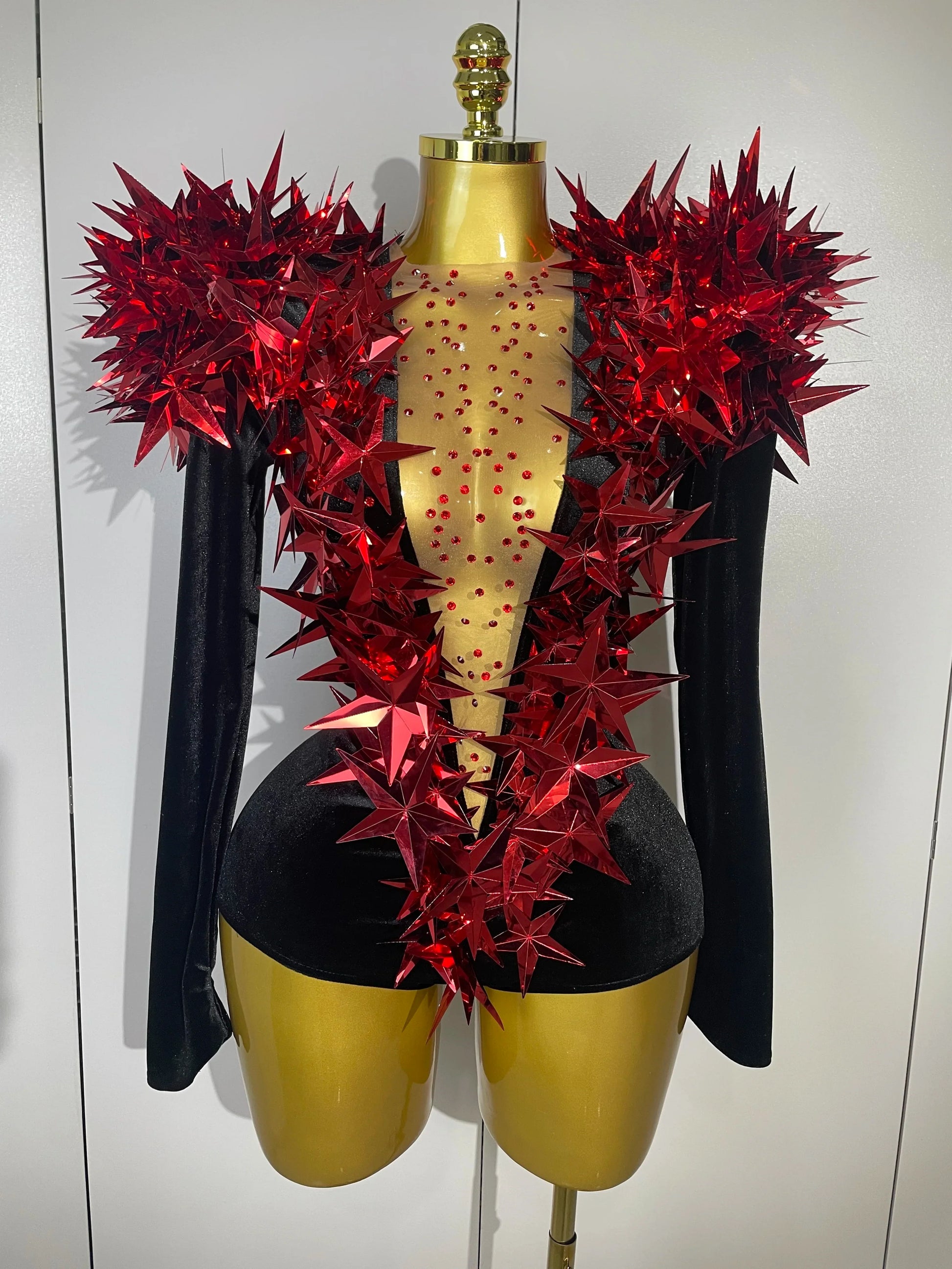 Shiny Gold Rhinestone Black Velvet Long Sleeve Bodysuit Women Evening Party Club Gala Hosts NightClub Bar Stage Costumes Red