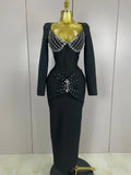 Sexy Luxury Sparkly Beading Bandage Long Sleeve Bodycon Dress Women Celebrity Party Elegant Evening Club Pary Dresses black