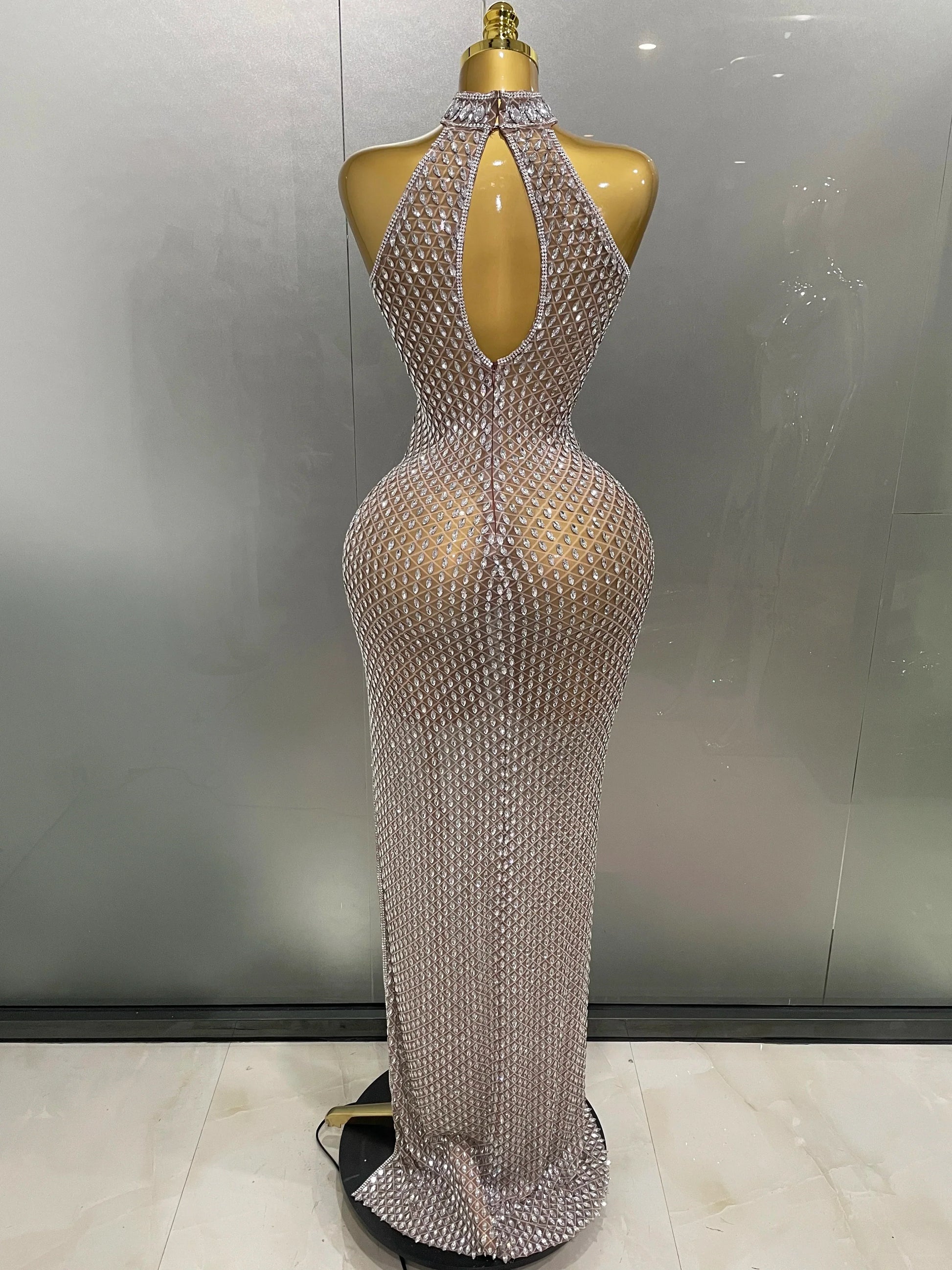 Luxurious Full Rhinestones Mesh Transparent long dress Women Birthday Celebrate Evening Prom Dress party Club Stage Costume