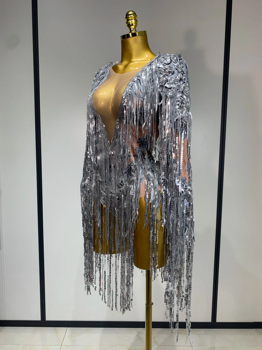 Sparkly Sequin Tassels Long Sleeve Silver Bodysuit Bar Women Singer Show Costume Celebrate Outfit Evening Dance Stage Outfit Silver