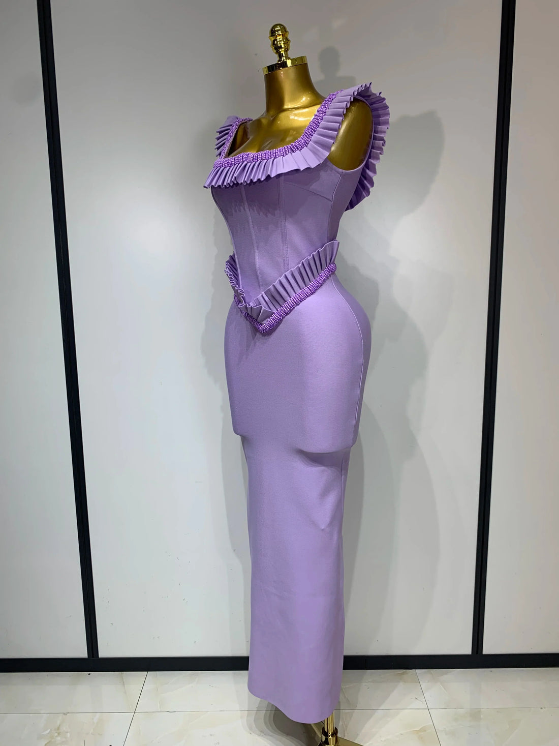 Women Sexy Square Collar Ruffles Beading Long Bodycon Bandage Dress Celebrity Elegant Evening Club Party Birthday Dress PURPLE