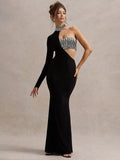 Stylish Black Asymmetric Long Sleeve Maxi Dress with Sparkling Detail Mermaid Gown for Red Carpet Events