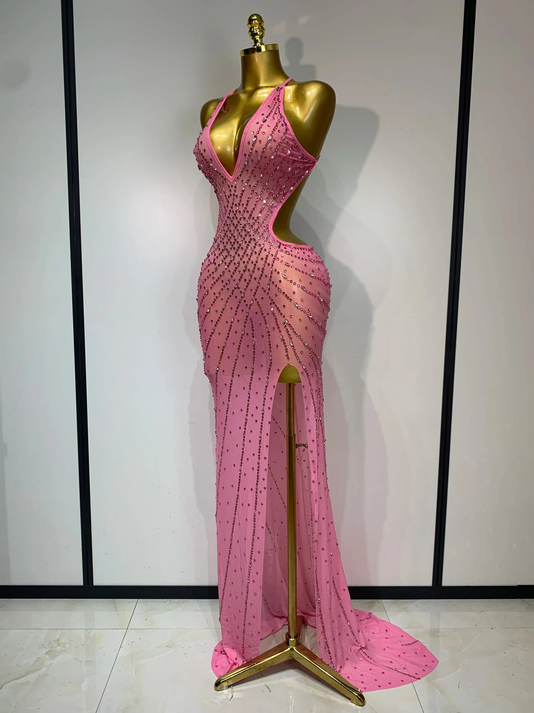 Sparkly Rhinestone Halter Mesh Transparent Dress Birthday Celebrate Evening Party Dress Women Sexy Split Backless Stage Outfit Pink