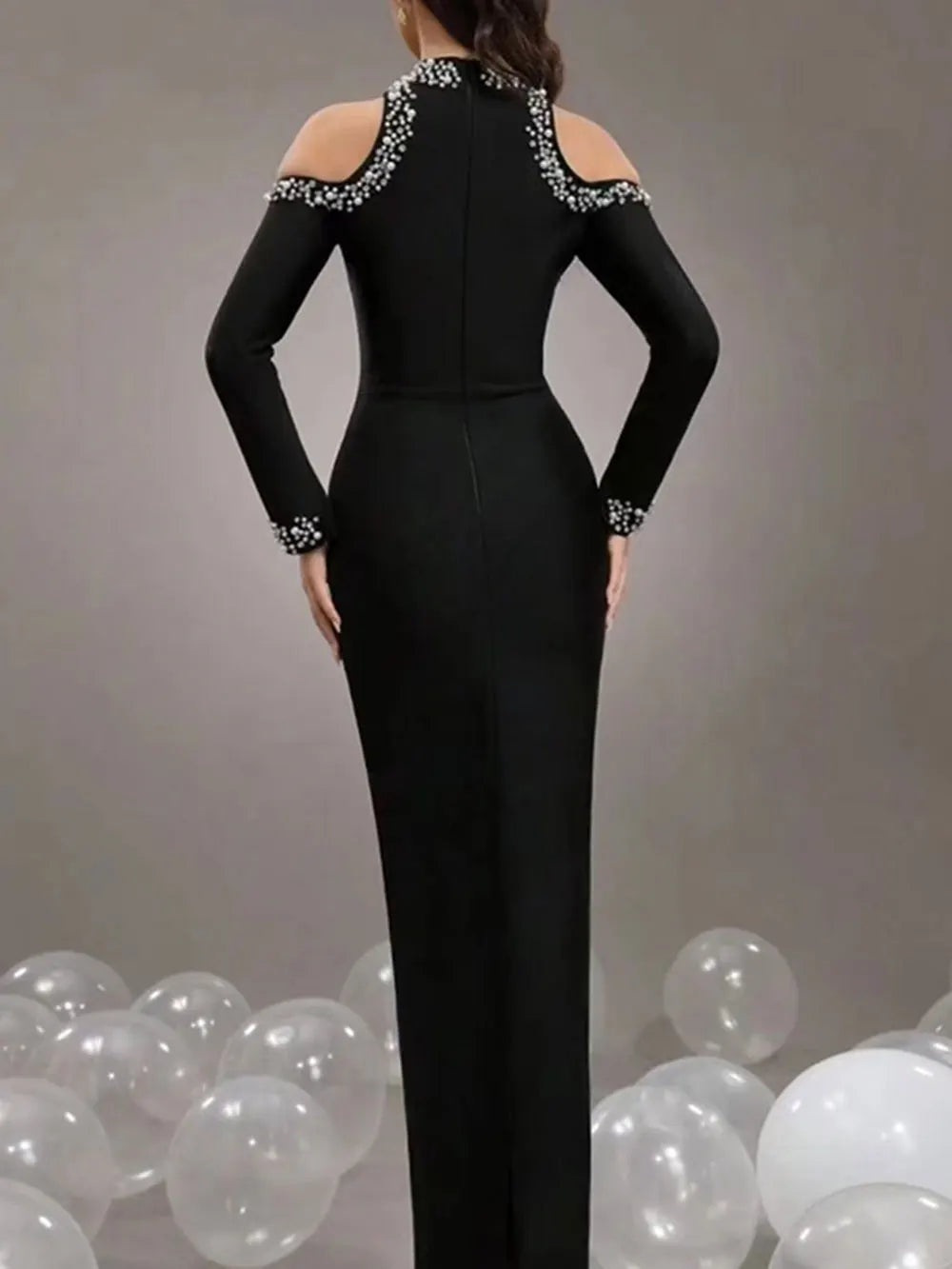 Sexy Women'S Light Luxury Crystal Pearl Design Bandage Dress O-Neck Off Shoulder Long Sleeved Bodycon Christmas Long Dress